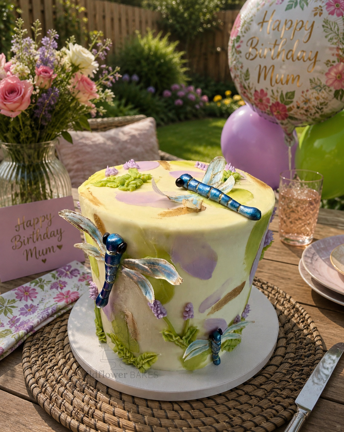 A decorated birthday cake with dragonfly embellishments, surrounded by flowers, balloons, and birthday greeting cards for a Mother's Birthday celebration.