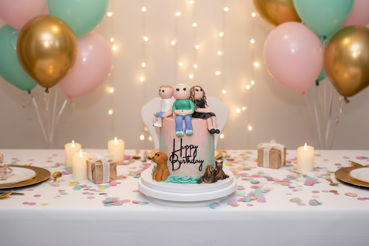 A birthday cake decorated with fondant figures of three children sitting on top, surrounded by small animal figurines, with a "Happy Birthday" message. The table has confetti, candles, and wrapped gifts, with pastel-colored balloons and string lights in the background.