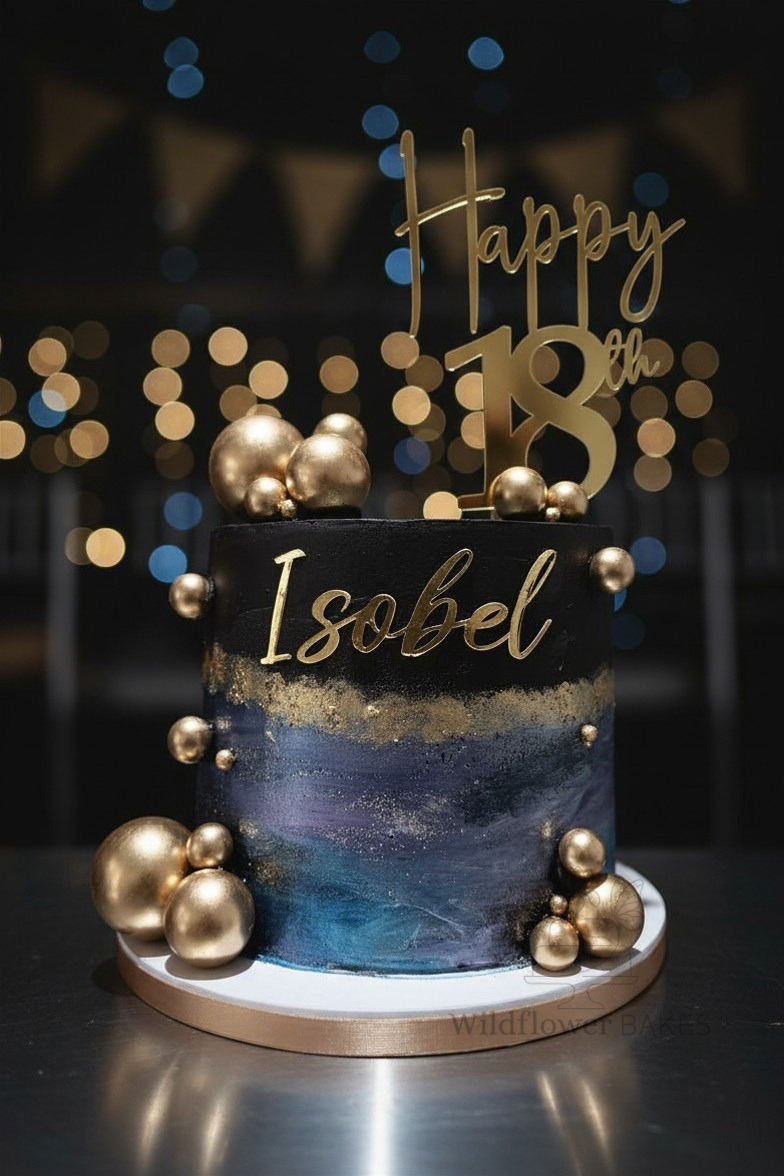 A black and blue galaxy-themed birthday cake with gold spherical decorations, gold "Isobel" lettering, and a topper that reads "Happy 13th" with the number 13 in gold.
