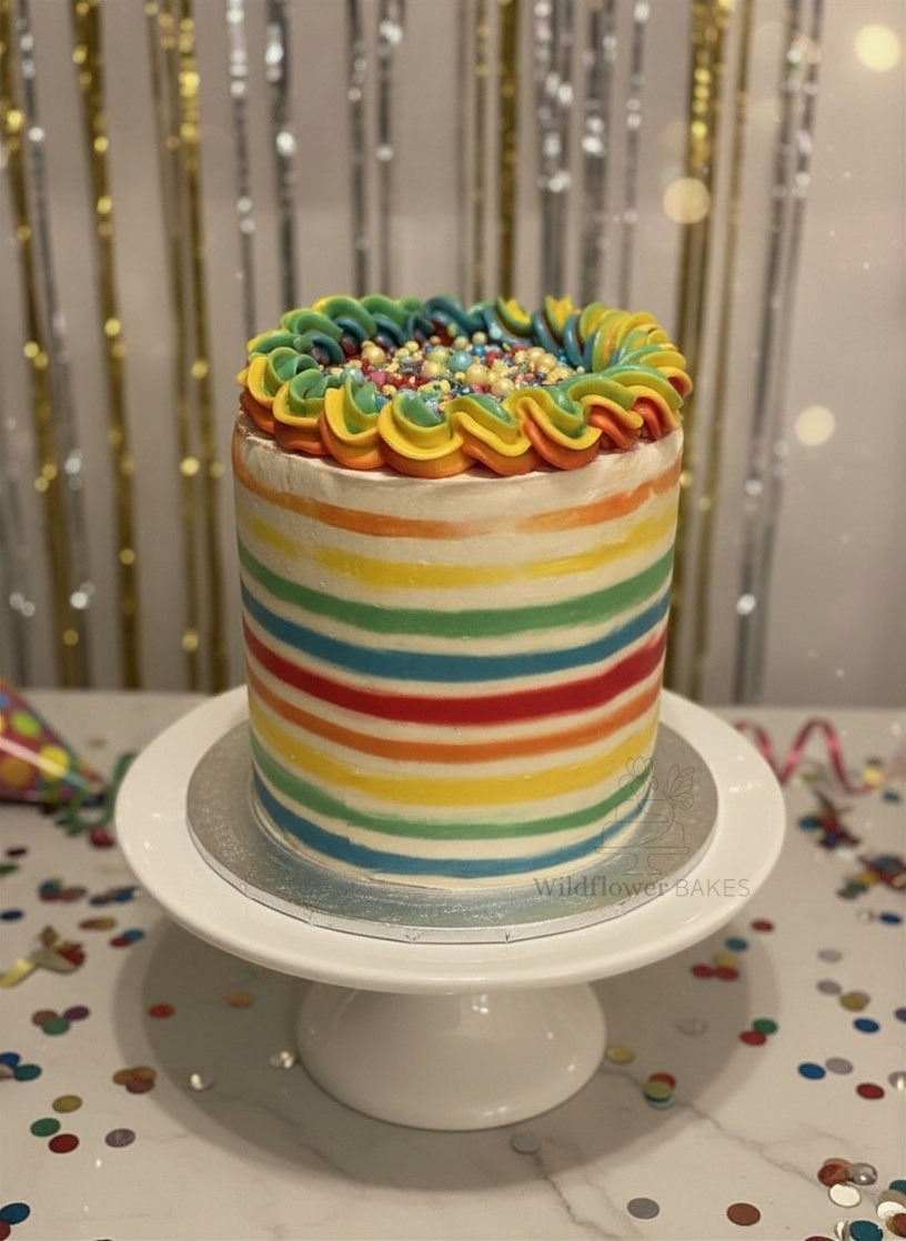 Rainbow-colored cake with frosting layers and sprinkles on top, on a white cake stand, with a festive background and scattered confetti.