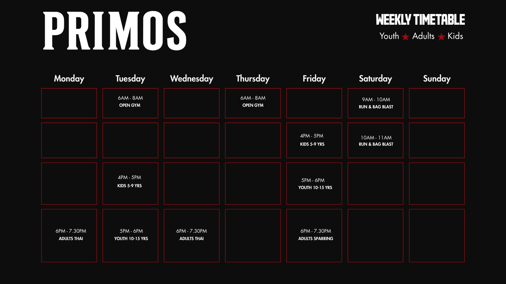 PRIMOS FIGHT CLUB Timetable