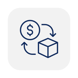 Icon of a dollar sign with arrows pointing to a cube, representing financial or supply chain exchange.
