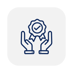 An icon of two hands holding a badge or certificate with a checkmark, symbolizing approval or certification.