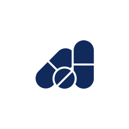 Icon of various pills and capsules, representing medication or pharmaceuticals.