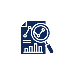 Icon of a magnifying glass examining a report with charts and graphs
