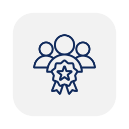 Line drawing of three people with a ribbon and star in the center, representing achievement or recognition.