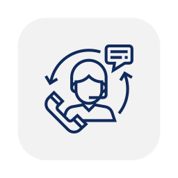 Customer service representative wearing a headset with speech bubble and circular arrows indicating communication or support
