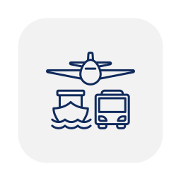 Icons of an airplane, a cruise ship, and a bus, representing transportation options.