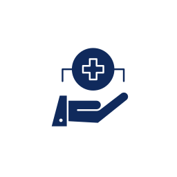 Icon of a hand holding a shield with a medical cross and connecting lines, representing healthcare or medical services.