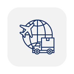 Icon of an airplane flying around a globe with a delivery truck in front, representing international shipping or air freight.