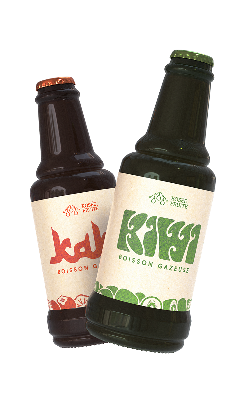 Two dark glass bottles of fruit drinks with cream-colored labels, one with green text and the other with red text, featuring stylized logos, placed against a dark background.