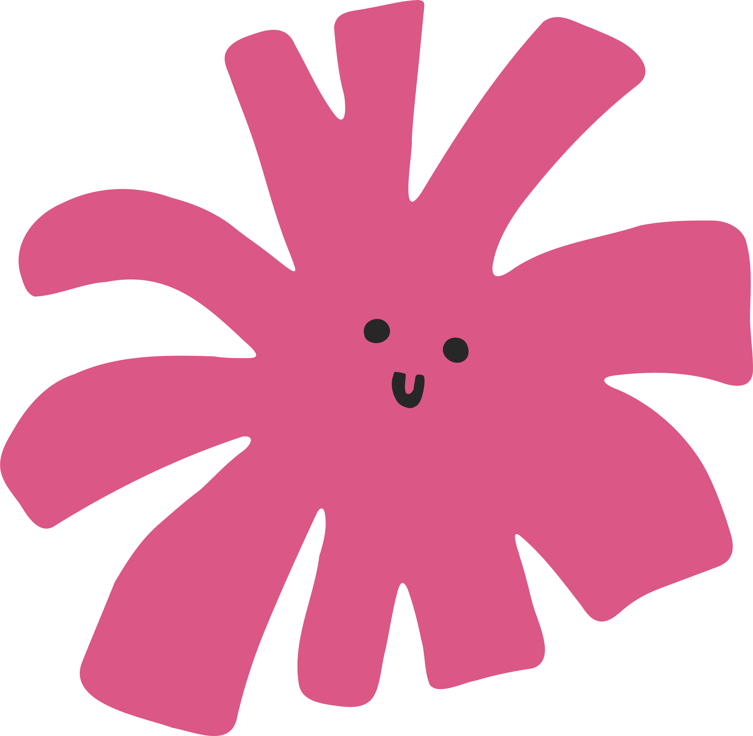 A minimalist illustration of a pink pom pom with two eyes and a small smaile.
