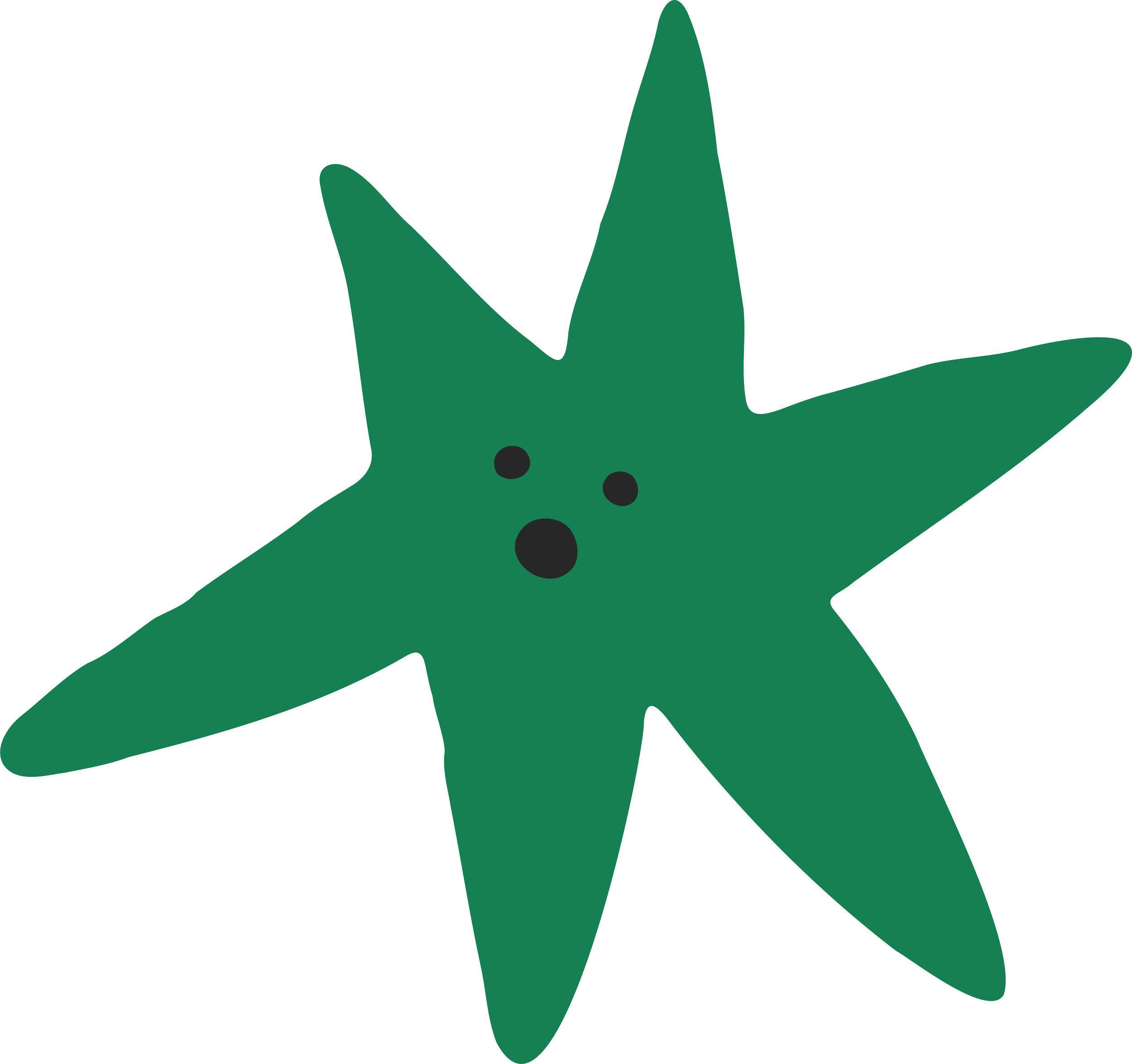 Green stylized paper star with black dots as eyes and a mouth.