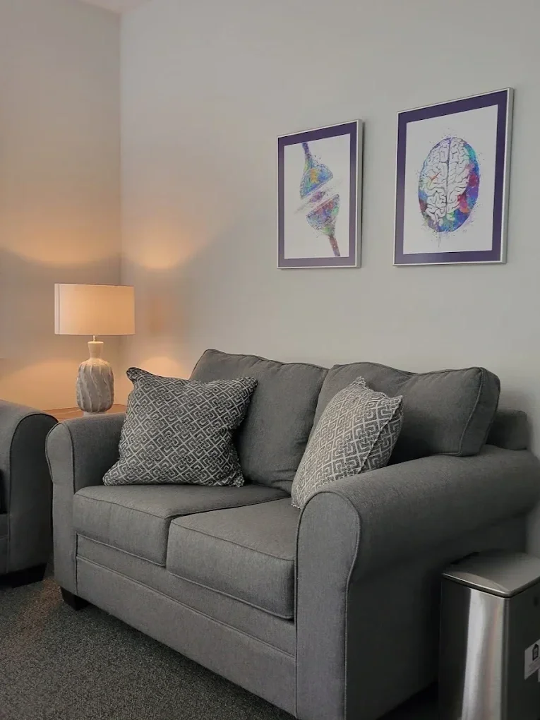 A corner with a gray upholstered loveseat, patterned decorative pillows, a table lamp, and framed neuroanatomy artwork on the wall.
