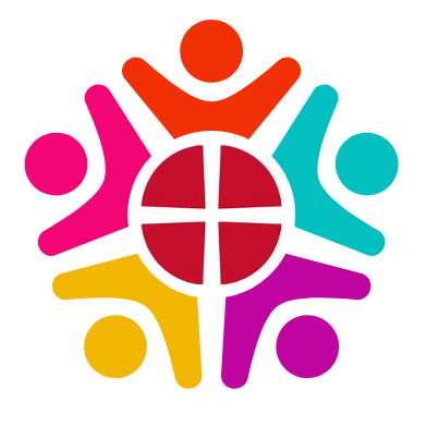 Colorful abstract illustration of five human figures in a circle around a globe, symbolizing unity and diversity.