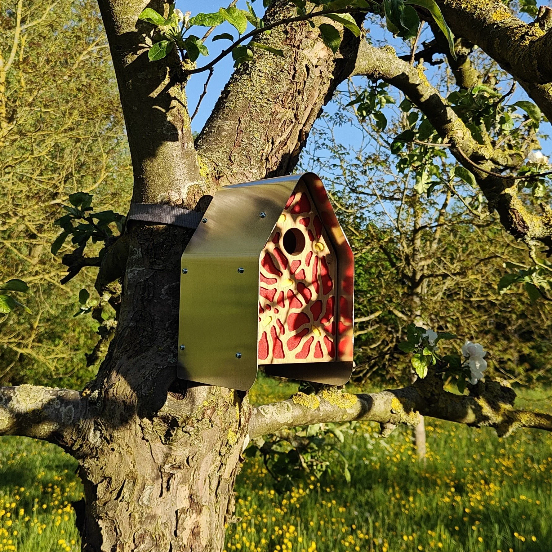 Gekleurd vogelhuisje met rode bloemen