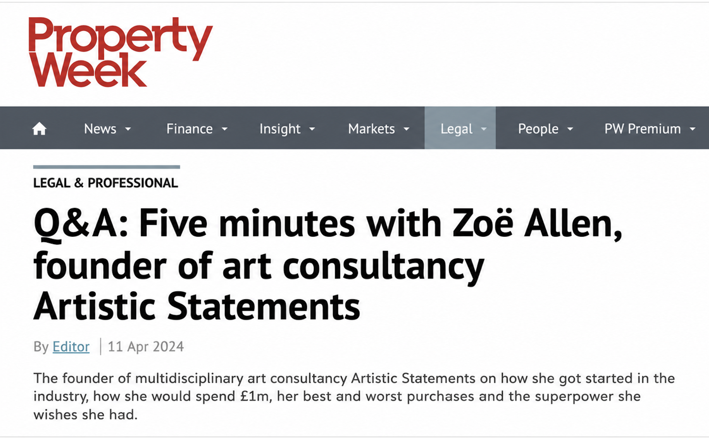 Screenshot of Property Week webpage with a headline about a Q&amp;A with Zoë Allen, founder of art consultancy Artistic Statements, dated April 11, 2024, by the editor.