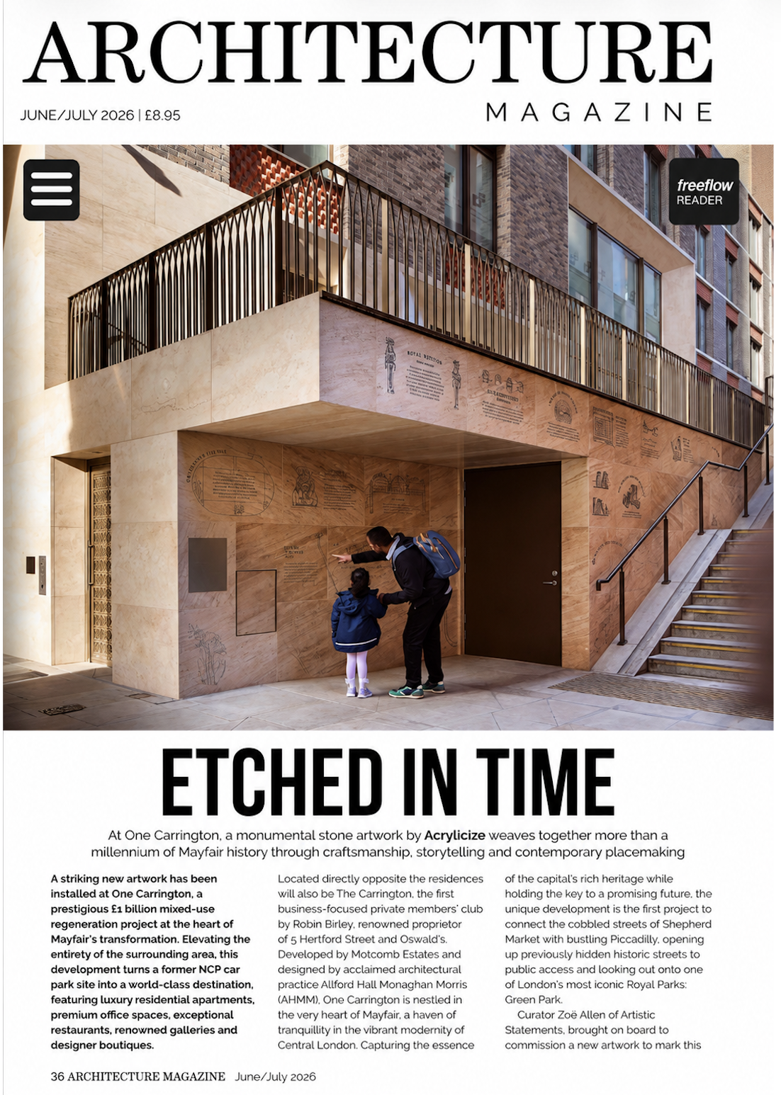 Cover of Architecture Magazine June/July 2026 edition featuring a modern stone building with an outdoor balcony, murals, and people viewing etched artwork on the wall.
