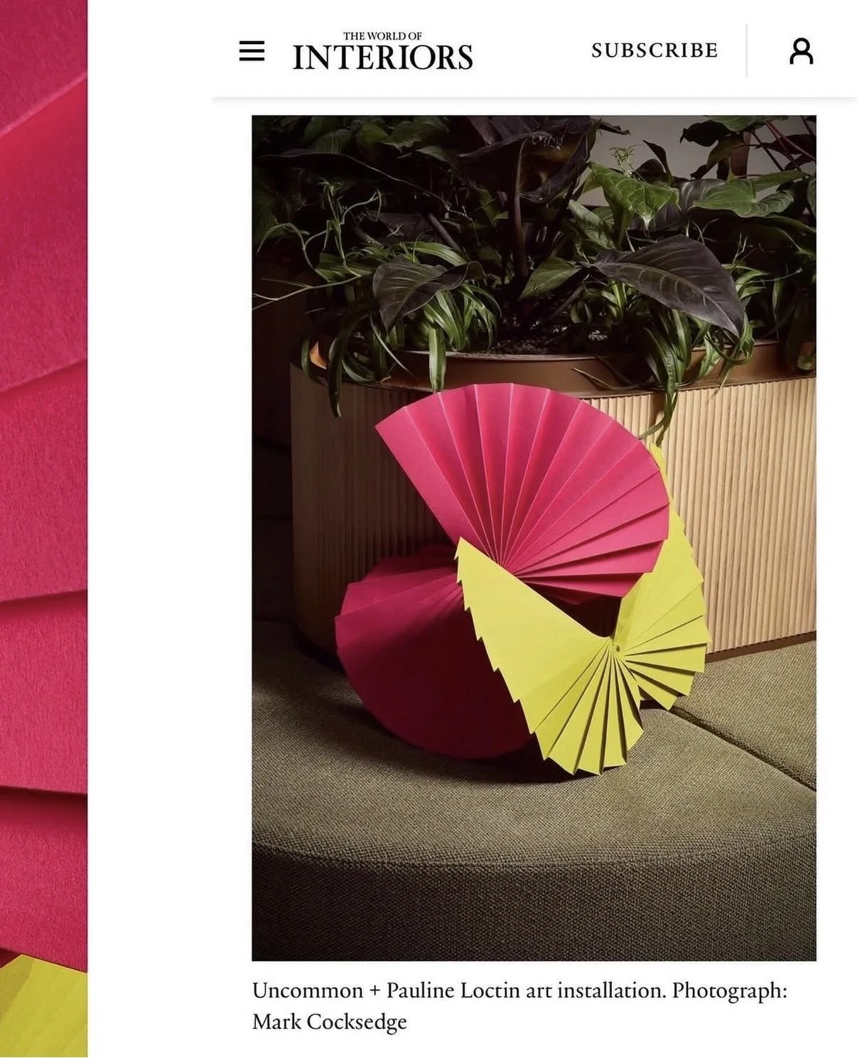 Colorful paper art installation with pink and yellow fan-like shapes in front of a large potted plant on a wooden surface.