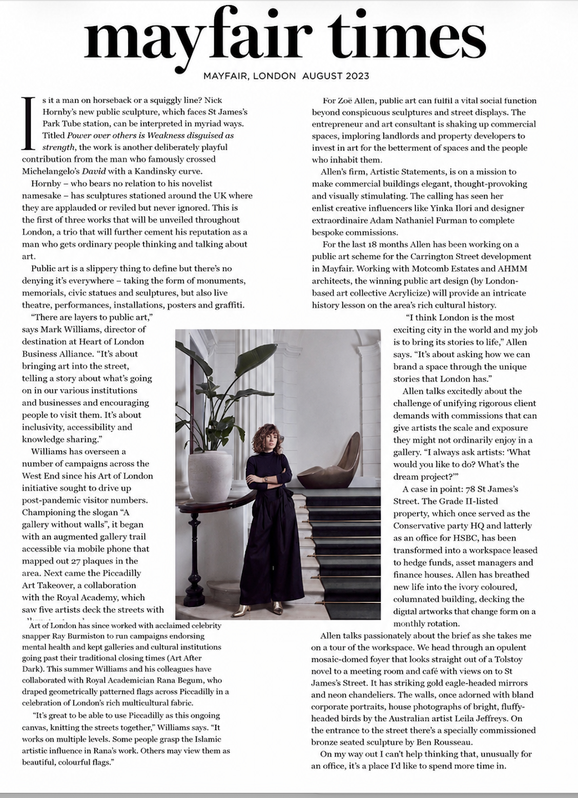 Front page of Mayfair Times London, August 2023, featuring an article about public art, with a photograph of a woman in a purple dress standing beside a staircase in an art gallery or museum.