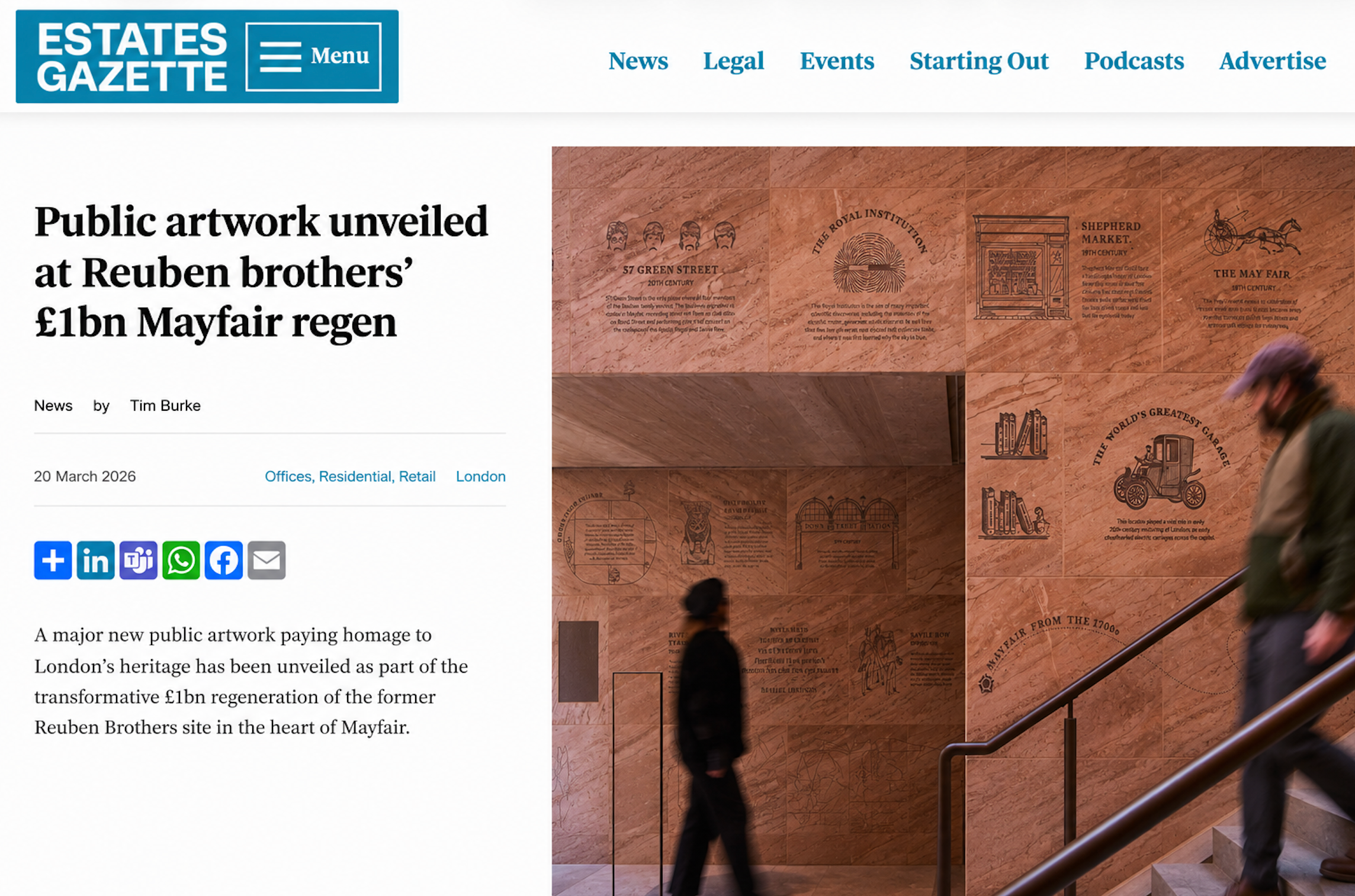 Screenshot of a news website headline about unveiling public artwork at Reuben brothers' Mayfair site, with a photo of an interior wall featuring historical illustrations and text, and blurred figures of people walking.