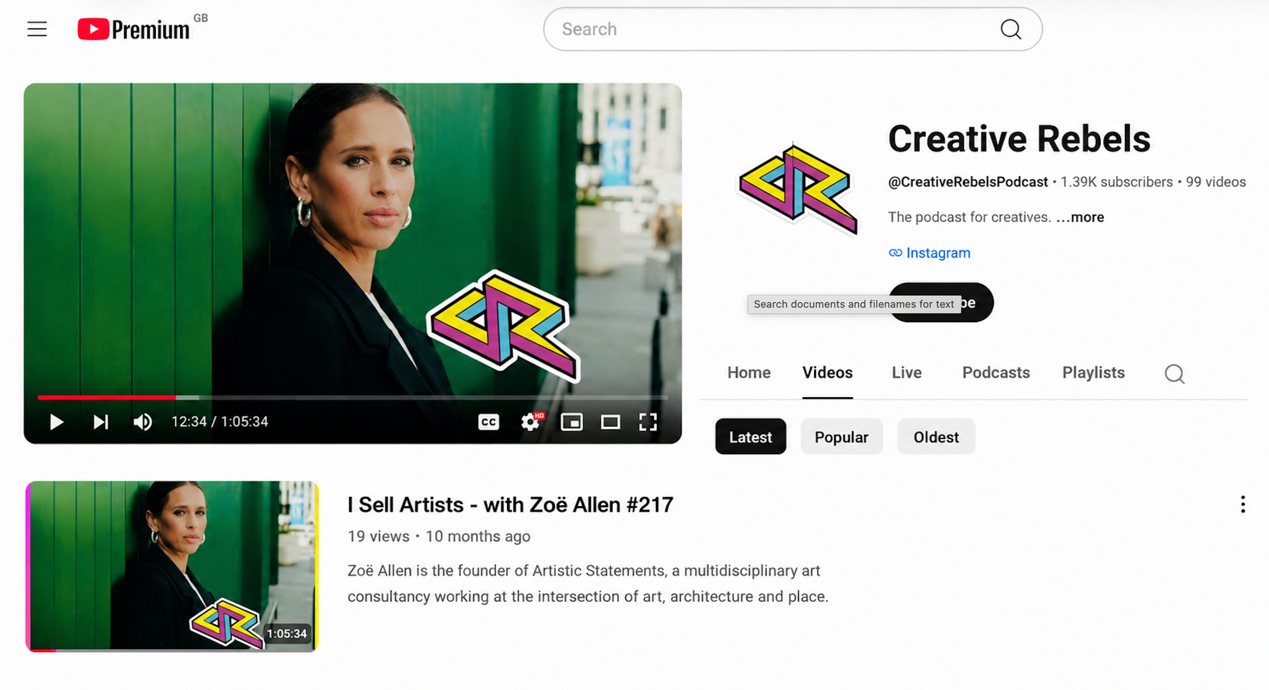 A woman with dark hair wearing silver hoop earrings and a black blazer standing against a green wall, looking at the camera. The image appears to be a thumbnail for a YouTube video from the Creative Rebels podcast.
