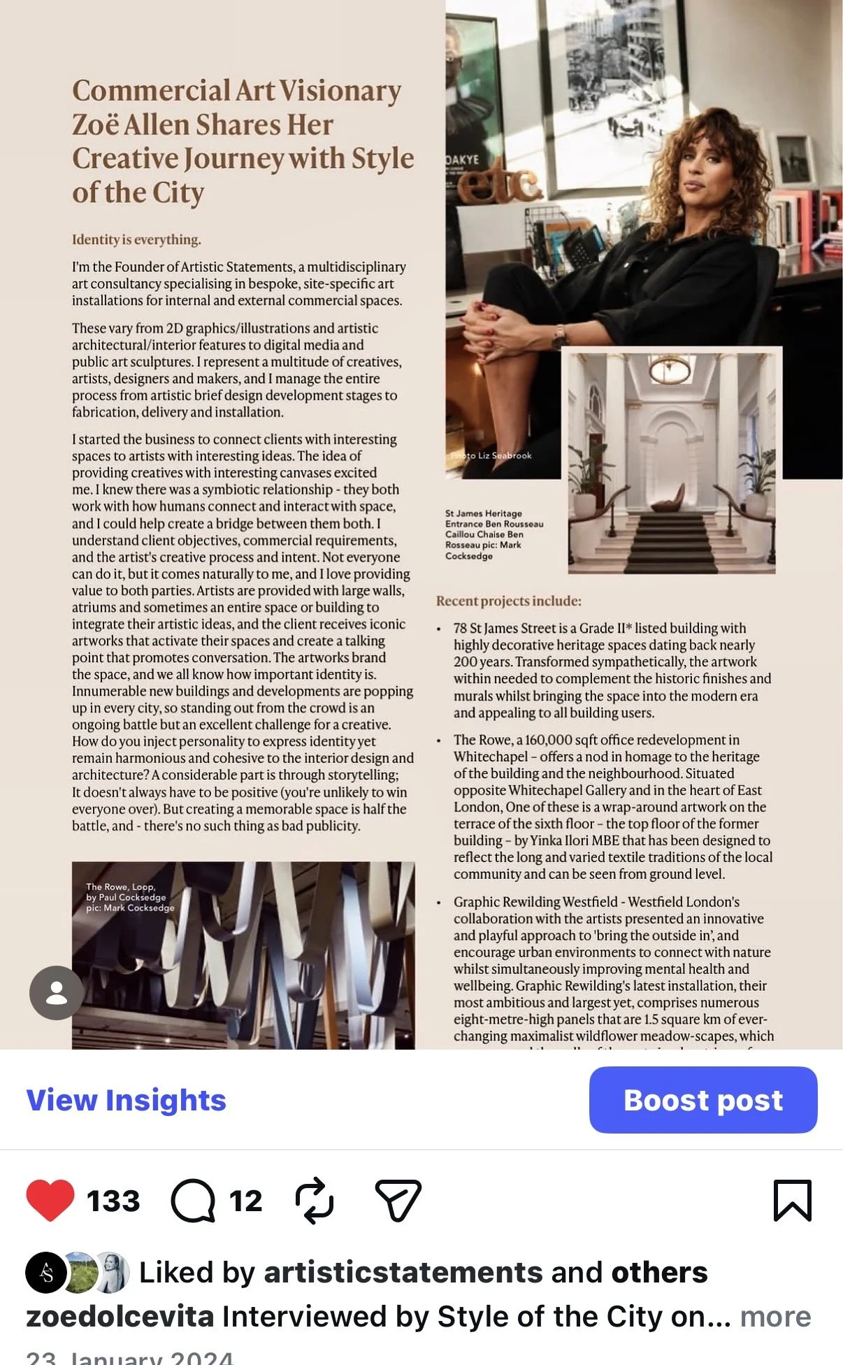 A webpage featuring an interview with Zoë Allen about her work in art consultancy and interior design, including photos of her in her office and of interior spaces she has designed.