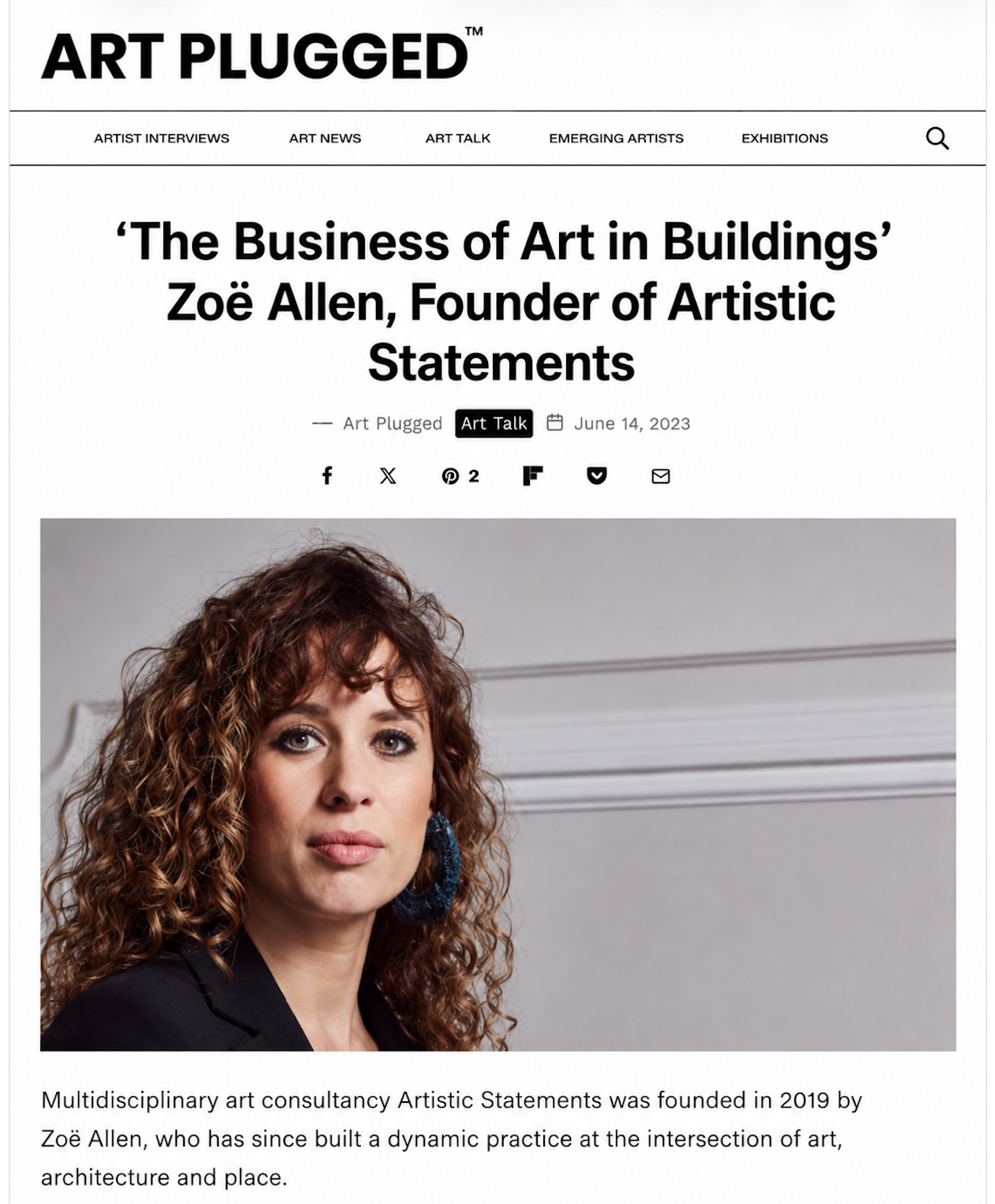 A webpage from Art Plugged featuring an interview with Zoë Allen, founder of Artistic Statements, with a portrait of a woman with curly red hair wearing blue earrings.