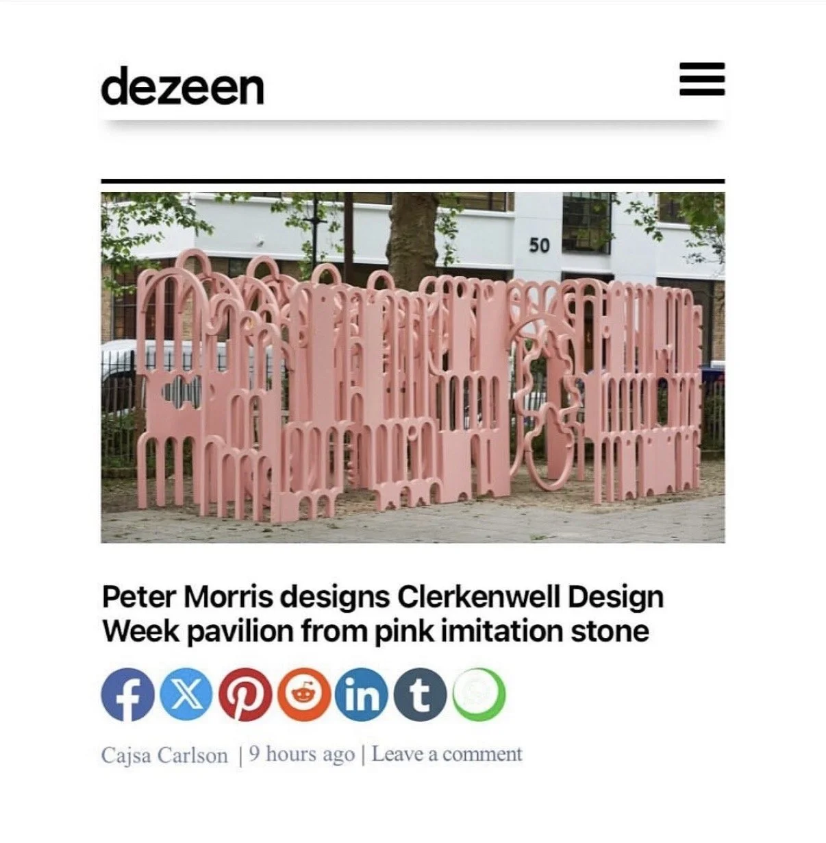 A pink pavilion structure made of imitation stone, designed by Peter Morris, located in Clerkenwell, UK.