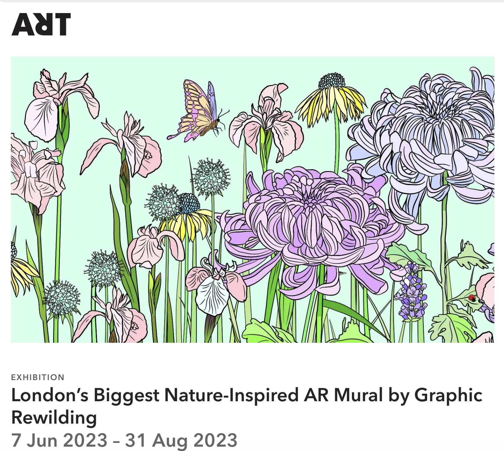 A colorful digital illustration of various flowers, including irises, daisies, and chrysanthemums, with a butterfly flying among them and a ladybug on a leaf, against a light green background.