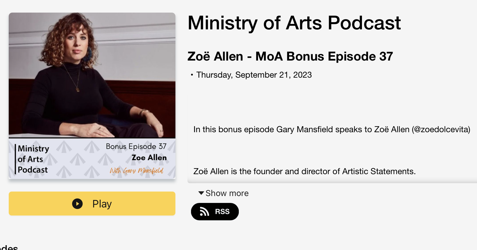 A promotional graphic for the Ministry of Arts Podcast featuring a woman with curly red hair, wearing a black top, sitting at a table, with text indicating episode details and a yellow play button.