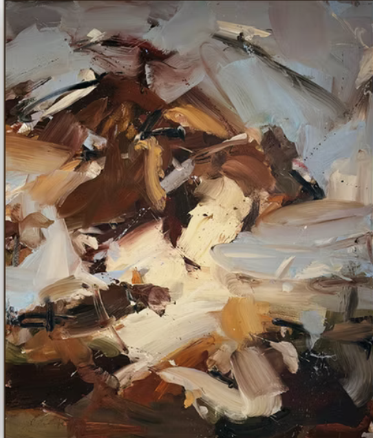 Abstract painting with broad, sweeping brushstrokes in shades of brown, beige, gray, white, and hints of black.