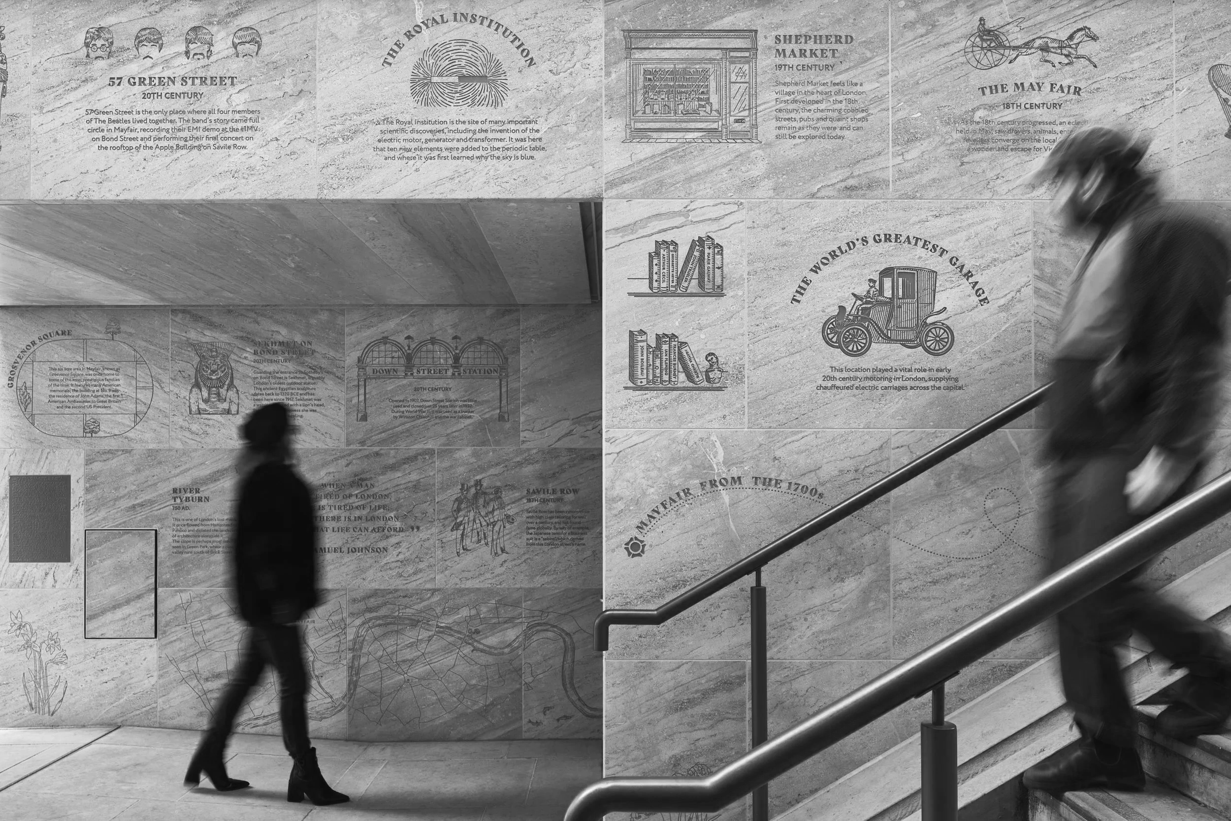 Two blurred figures, one standing and one on a horse, walking down a staircase in front of a marble wall covered with historical and informational illustrations and text. The wall features drawings of a horse-drawn carriage, a library, and various historical scenes, along with descriptive text about London landmarks and history.