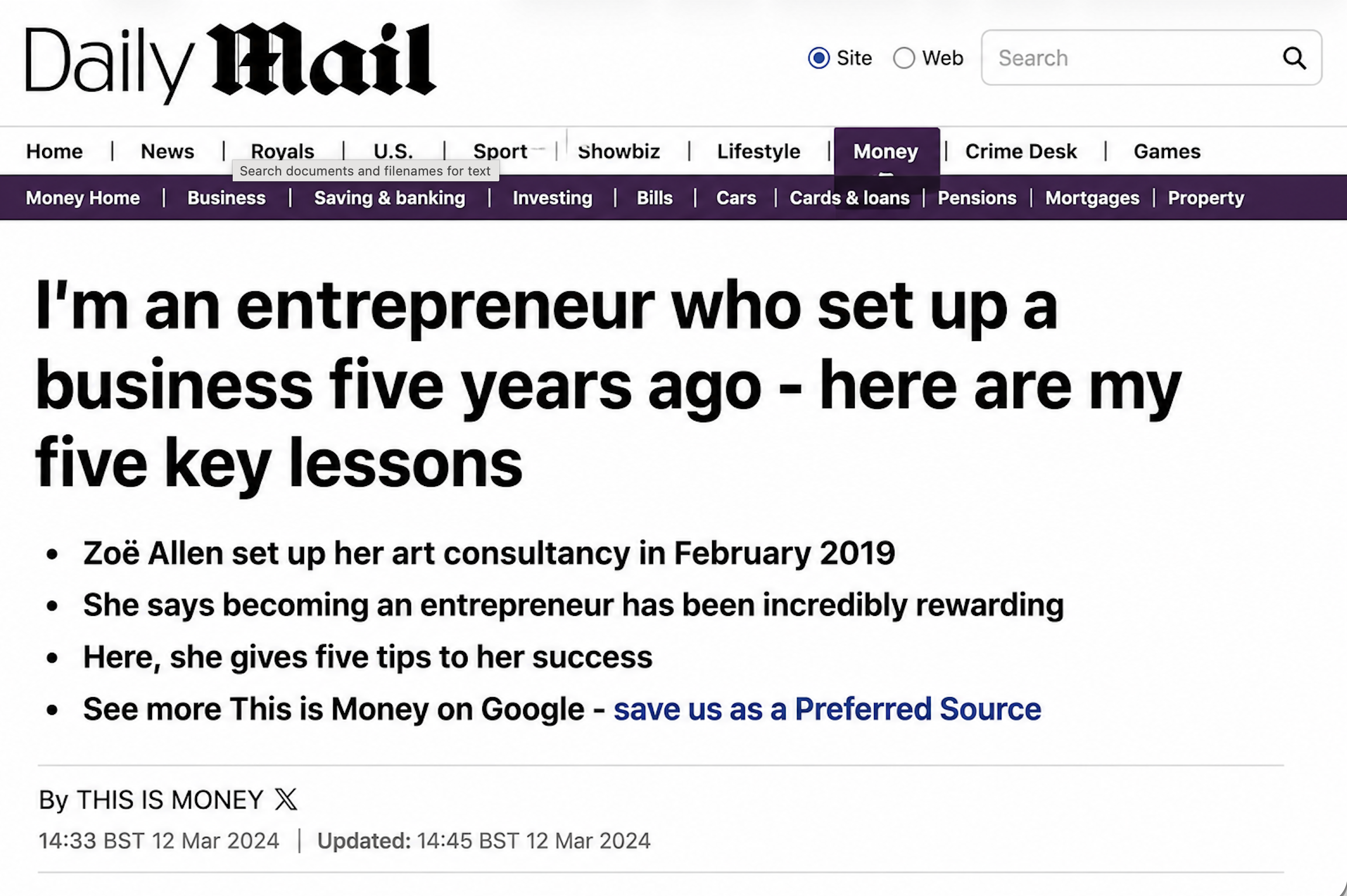 Screenshot of a news article on the Daily Mail website titled "I'm an entrepreneur who set up a business five years ago - here are my five key lessons," with the article written by THIS IS MONEY, and publication dates and times displayed at the botto