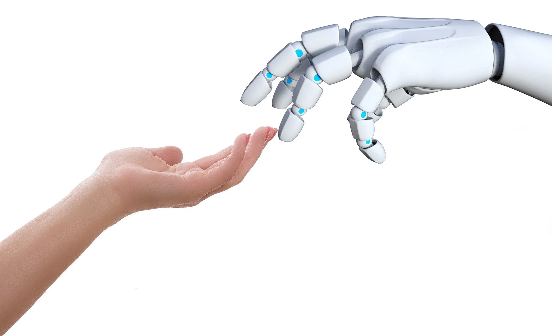 A human hand reaching out to touch a robotic hand with a digital interface on the fingers, symbolizing connection between humans and technology.