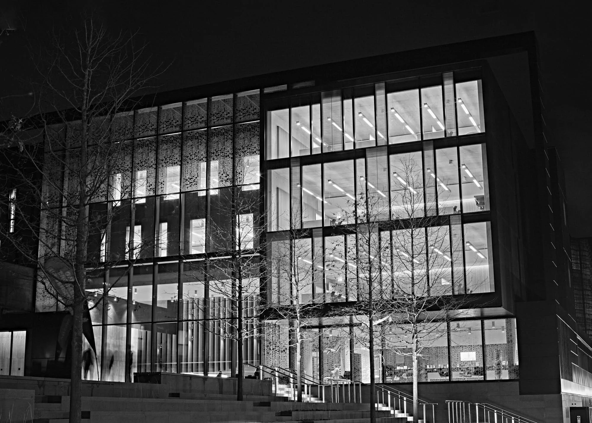 Night view of a modern building with large glass windows and visible interior lighting, surrounded by leafless trees.