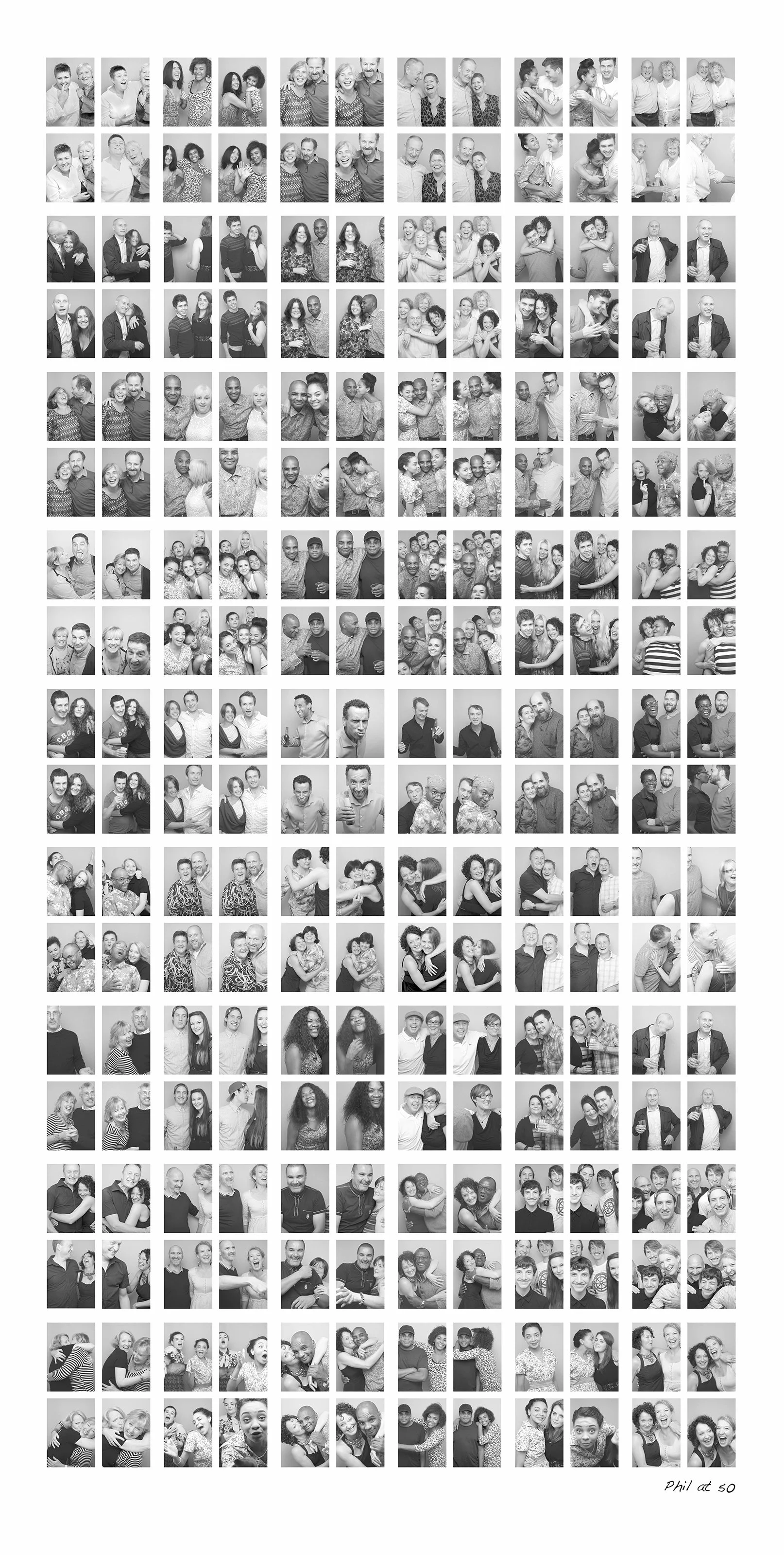 A collage of black and white photos featuring diverse groups of people celebrating, hugging, and enjoying each other's company at a gathering. Text in the bottom right corner reads "Phil at 50."