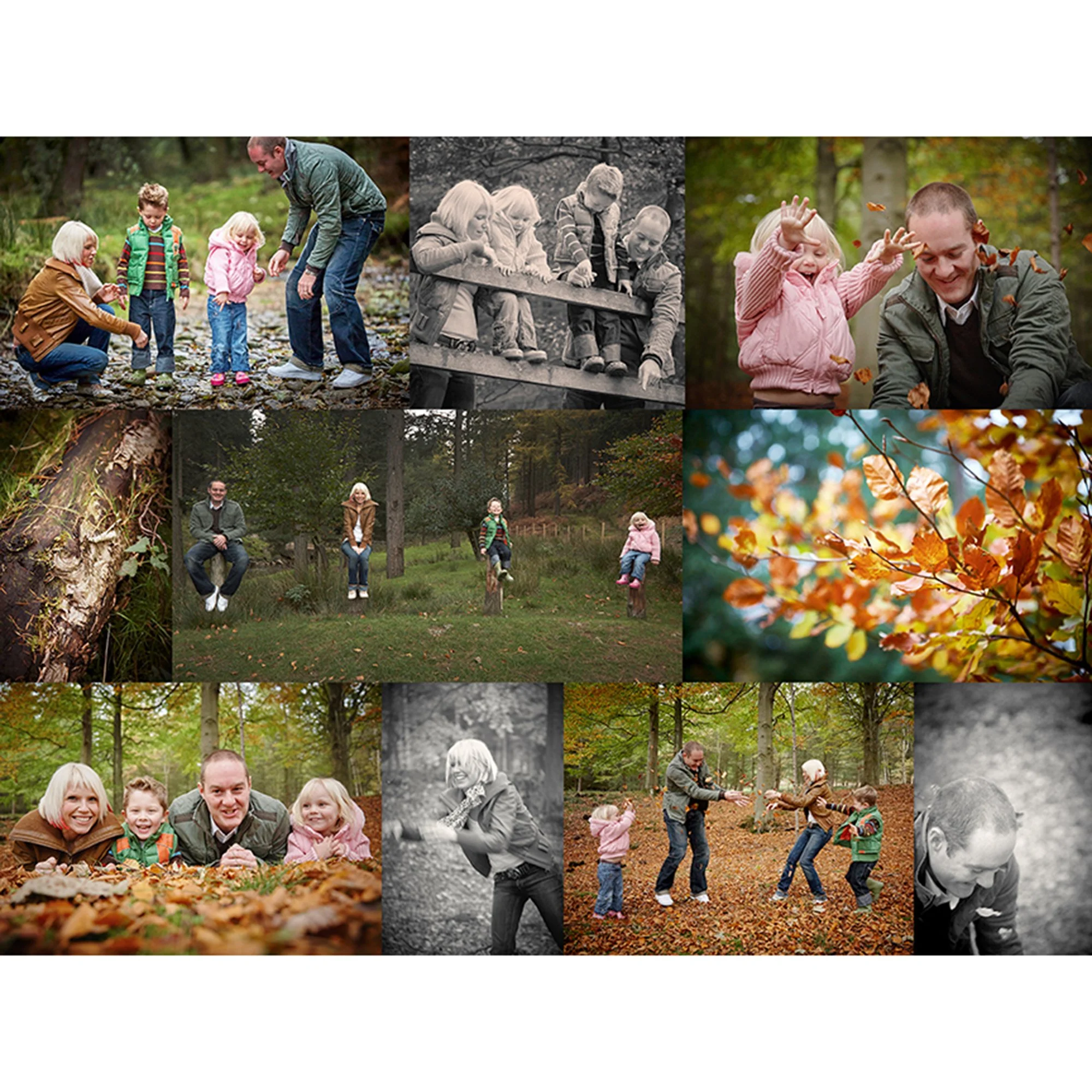 A collage of outdoor scenes featuring children and adults during autumn. Images include children playing by a creek, sitting on a wooden fence with an adult, walking in a forest, and playing with leaves on the ground.