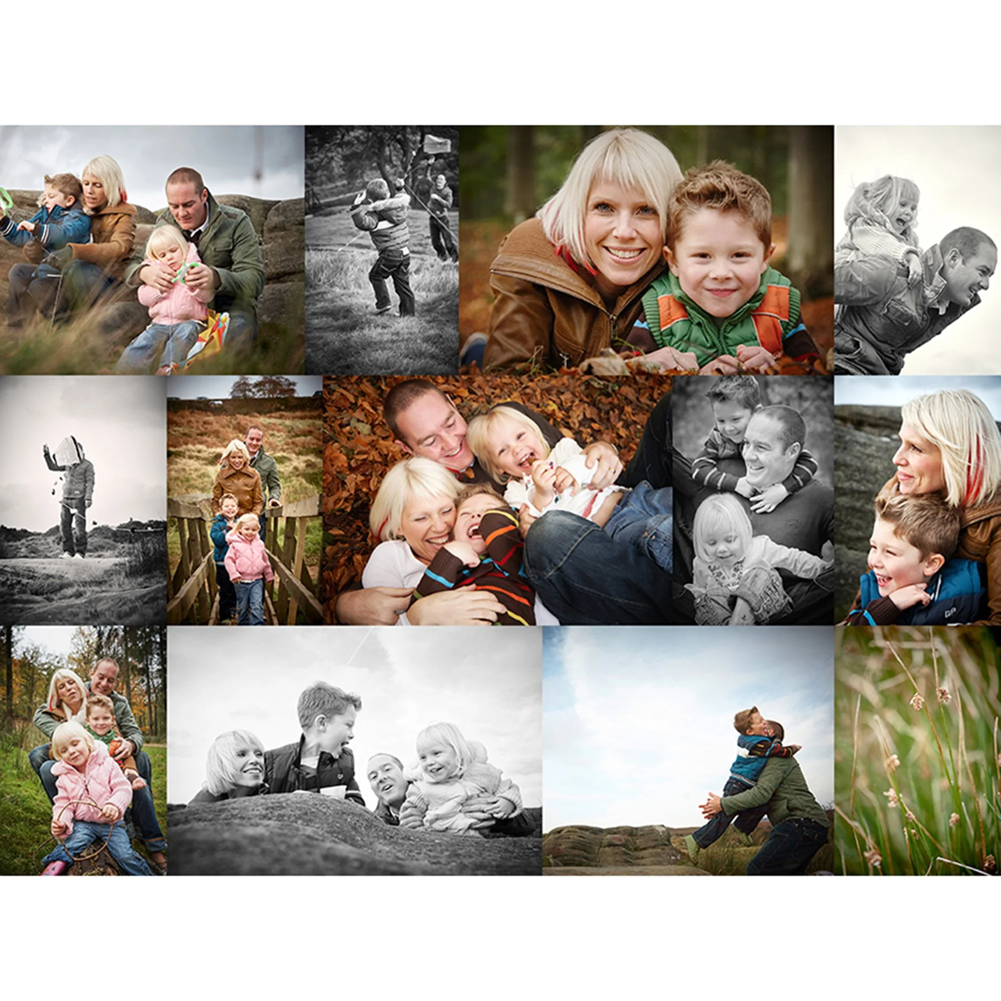 A collage of outdoor family moments, including children and adults playing and exploring in nature, some in black and white and others in color.