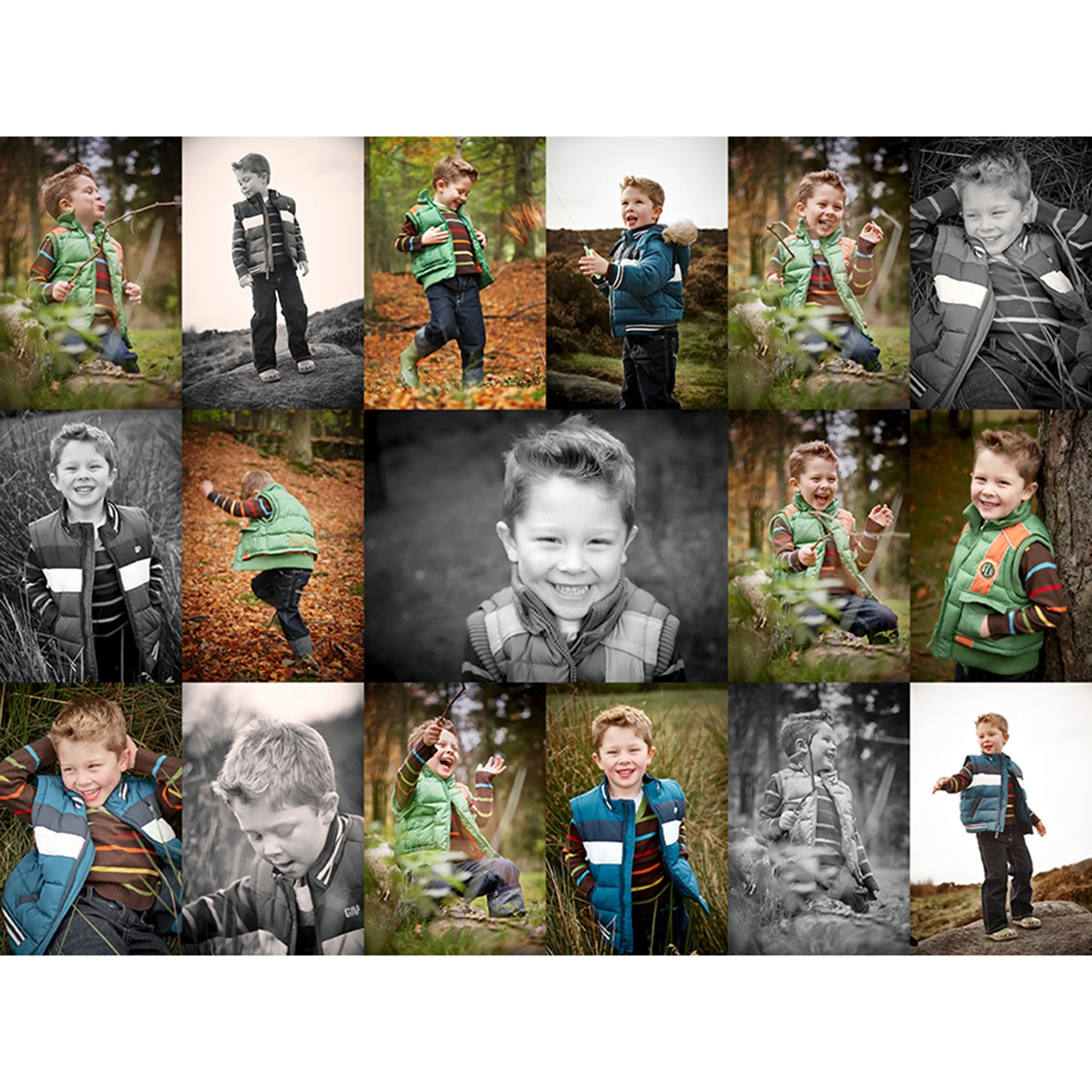 Collage of children playing outdoors in a forest, some in color and some in black and white, showing expressions of joy and exploration.