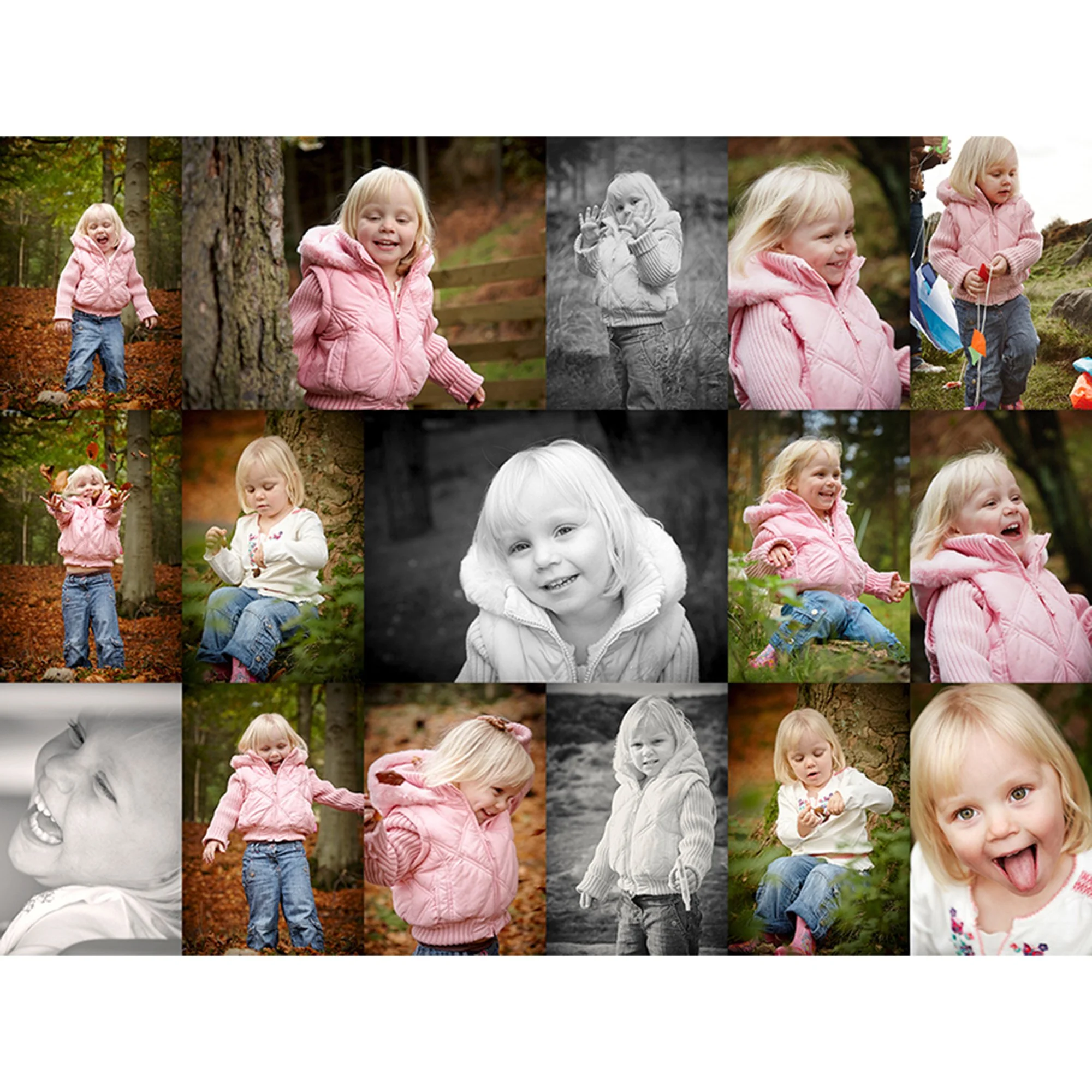 Sequence of photos of a young blonde girl in a pink jacket playing outdoors in a forested area, with some photos in color and some in black and white, capturing her smiling, exploring, and interacting with her surroundings.