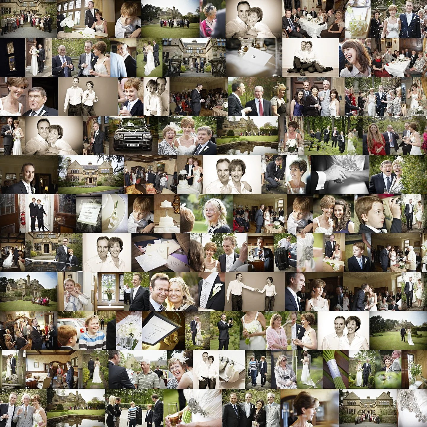 Collage of wedding scenes including bride and groom, guests, family, wedding attire, venue, decorations, and moments of celebration outdoors and indoors.