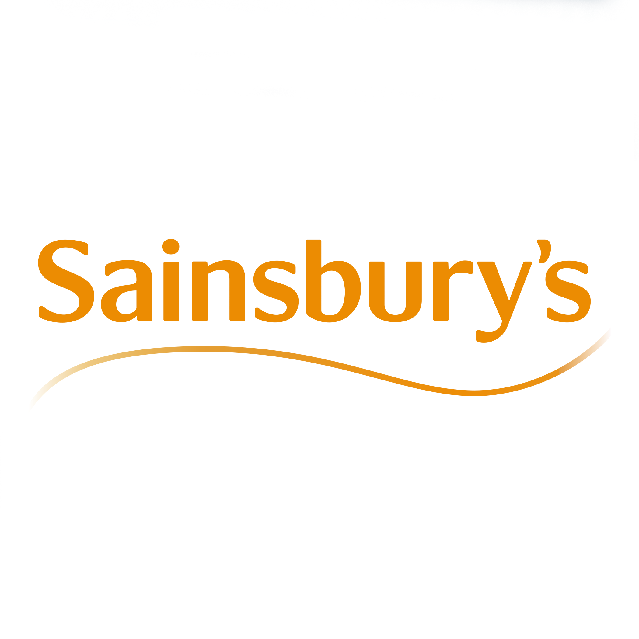 Close-up of a logo with the words 'Sainsbury's' in orange text on a white background.