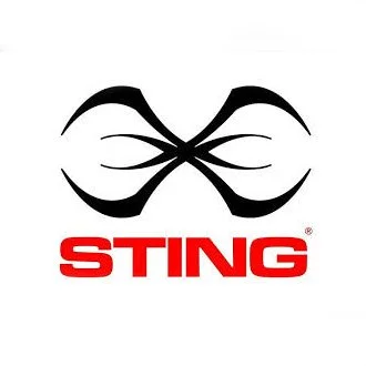 Stylized black abstract design resembling a butterfly or insect, with the word 'STING' in bold red capital letters below.