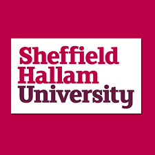 Sheffield Hallam University logo with white text on a maroon background.