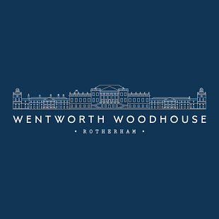Line drawing of Wentworth Woodhouse in Rotherham on a dark blue background with white text.