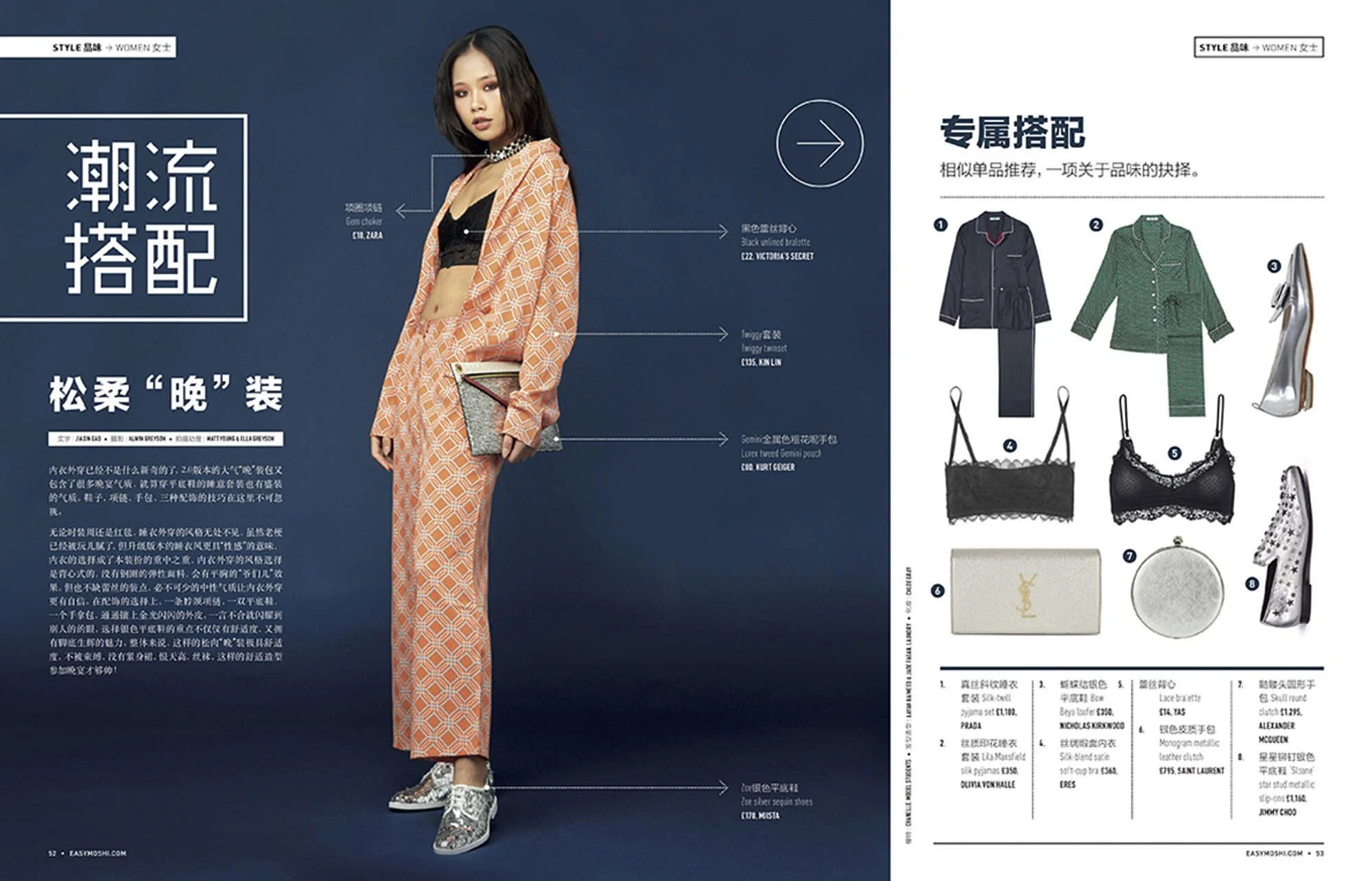 A fashion magazine page featuring a woman in orange geometric patterned pajamas, black lace bra, and silver metallic shoes, holding a small glittery clutch. The page includes descriptions and images of pajamas, lingerie, a clutch, and shoes on the ri