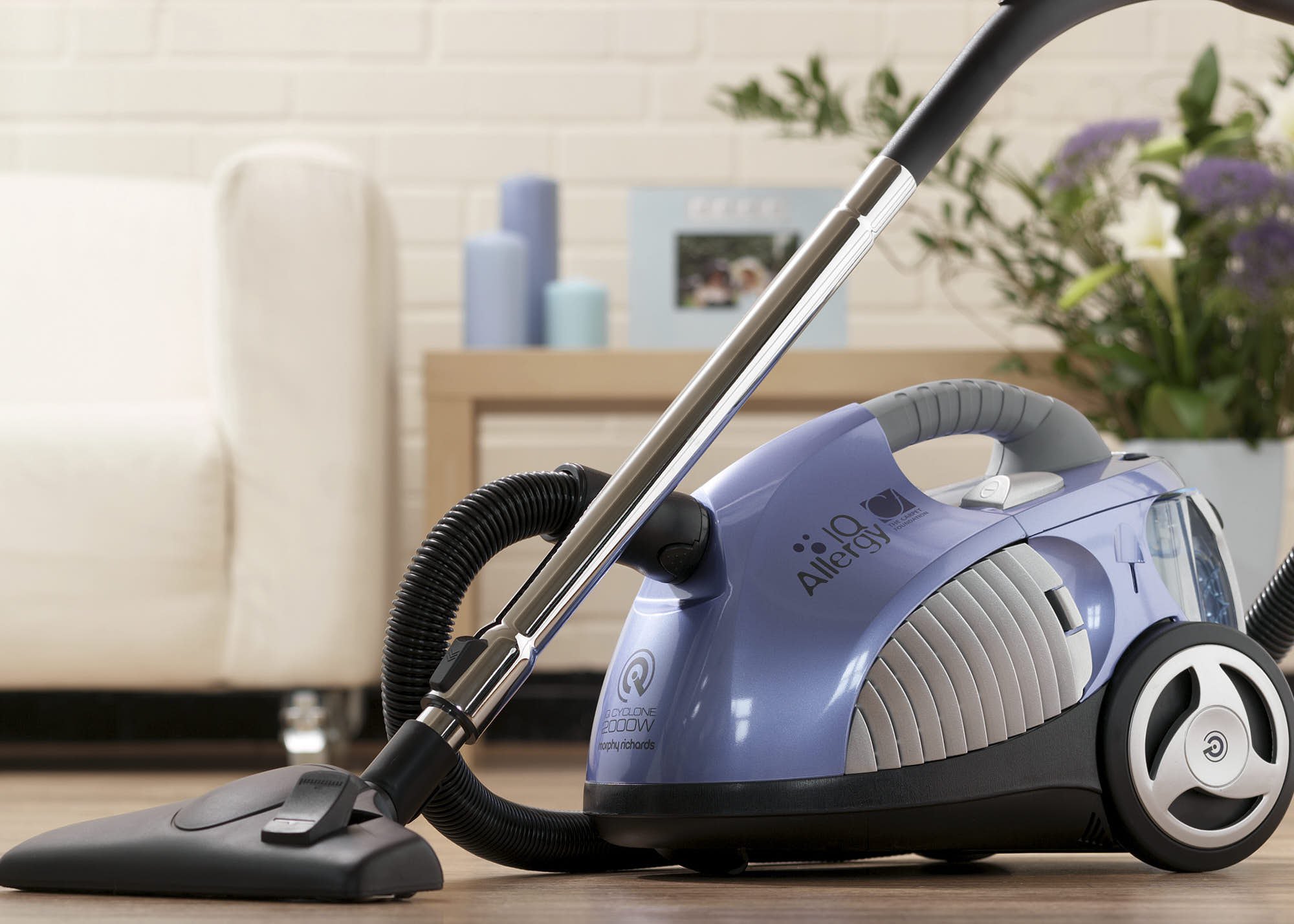 Close-up of a blue vacuum cleaner with black hose on a wooden floor, with background featuring potted plants and framed photo on a desk.