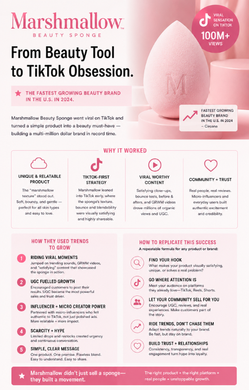 Pink skincare sponge shaped like a marshmallow, with text promoting its popularity on TikTok and its effectiveness as a beauty tool.