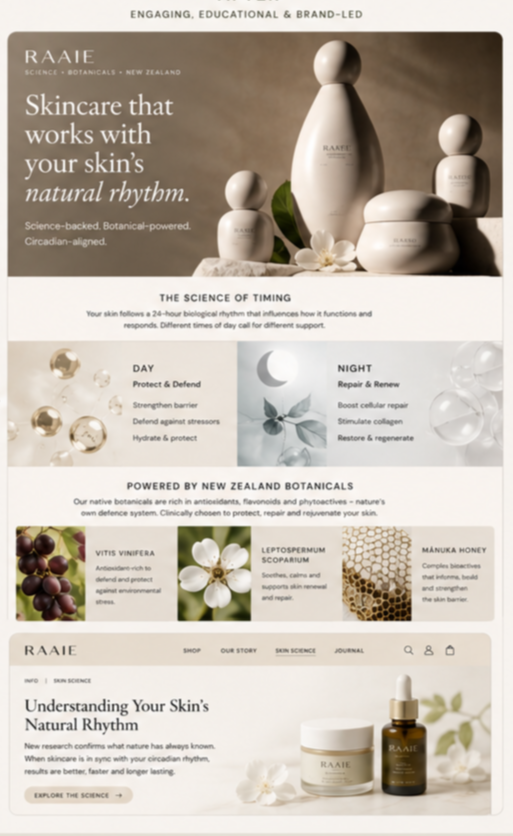 Advertisement for Raeie skincare featuring natural skincare products, including bottles and jars, with herbal and botanical imagery, highlighting the science of skin's natural rhythm and the benefits of New Zealand botanicals.